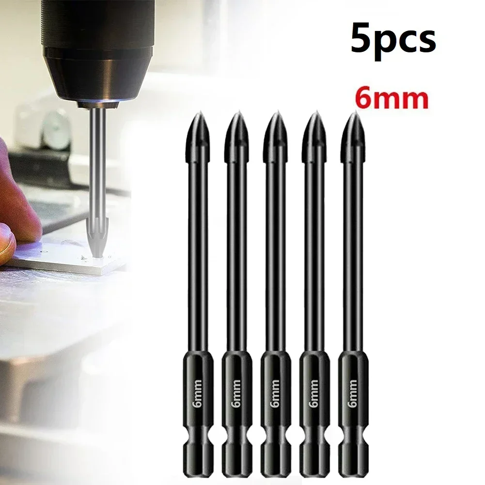 5pc 6mm Tungsten Carbide Cross Spear Head Drill Bit Hex Shank For Tile Porcelain Marble Ceramic Glass Brick Drilling Power Tool