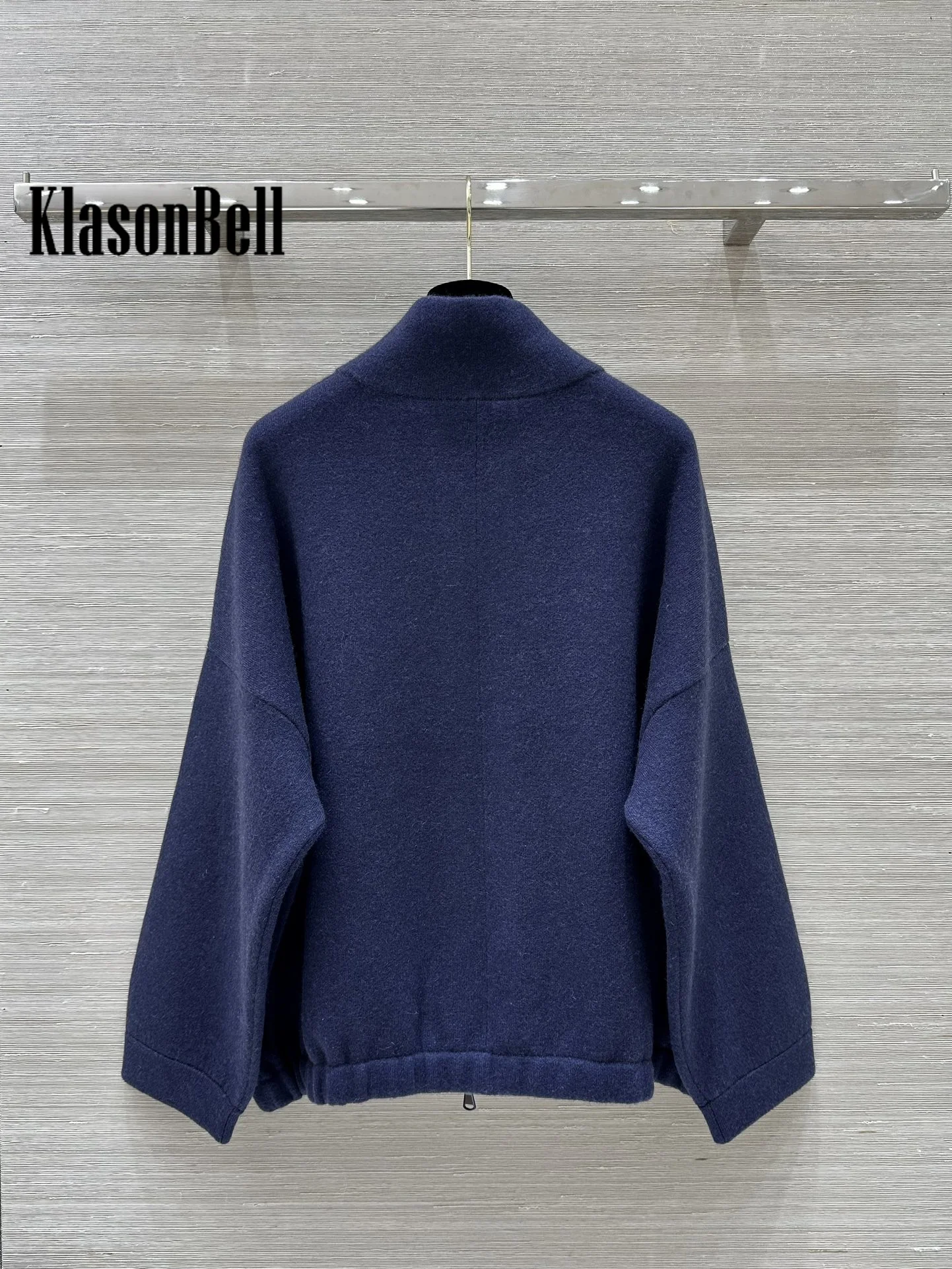 9.1 KlasonBell Women Stand Collar Drawstring Decoration Double Pocket Elastic Hem Cashmere Wool Knit Zipper Cardigan With Vest