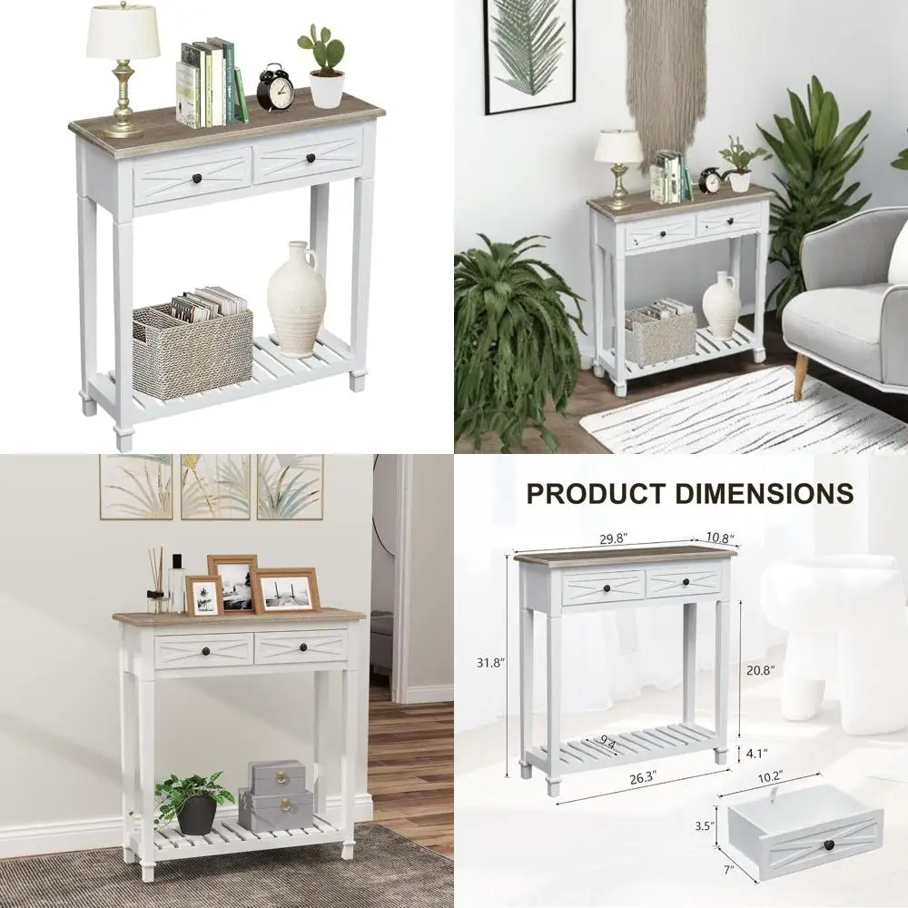 White Console Table with 2 Drawers and Storage Shelf for Entryway, Living Room - Slim and Narrow Design