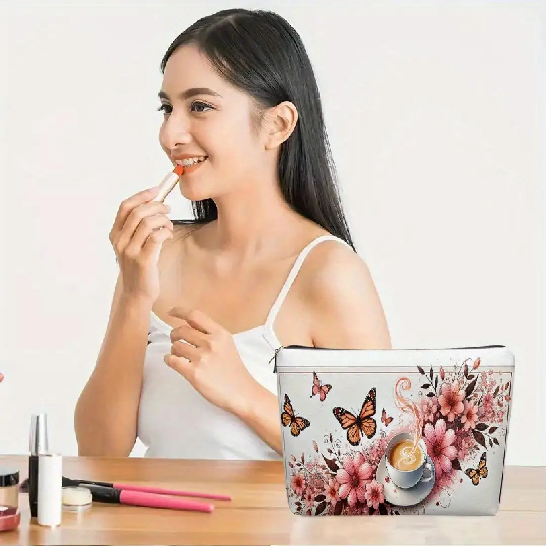 Bolsa de maquillaje con diseño de mariposa y flor de café, bolsa multifuncional con cremallera, bolsa de almacenamiento de joyas, bolsa pequeña con cremallera de viaje perfecta