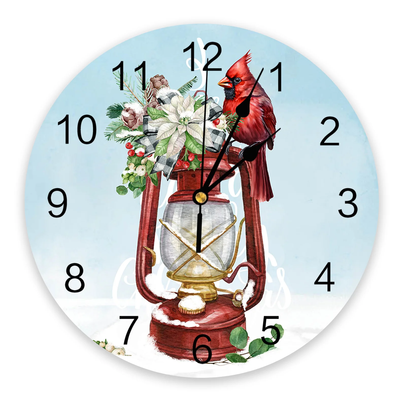 Christmas Lantern Snow Red Cardinal Bird Round Wall Clocks Desktop Digital Clock Non-ticking Creative Childrens Room Wall Watch