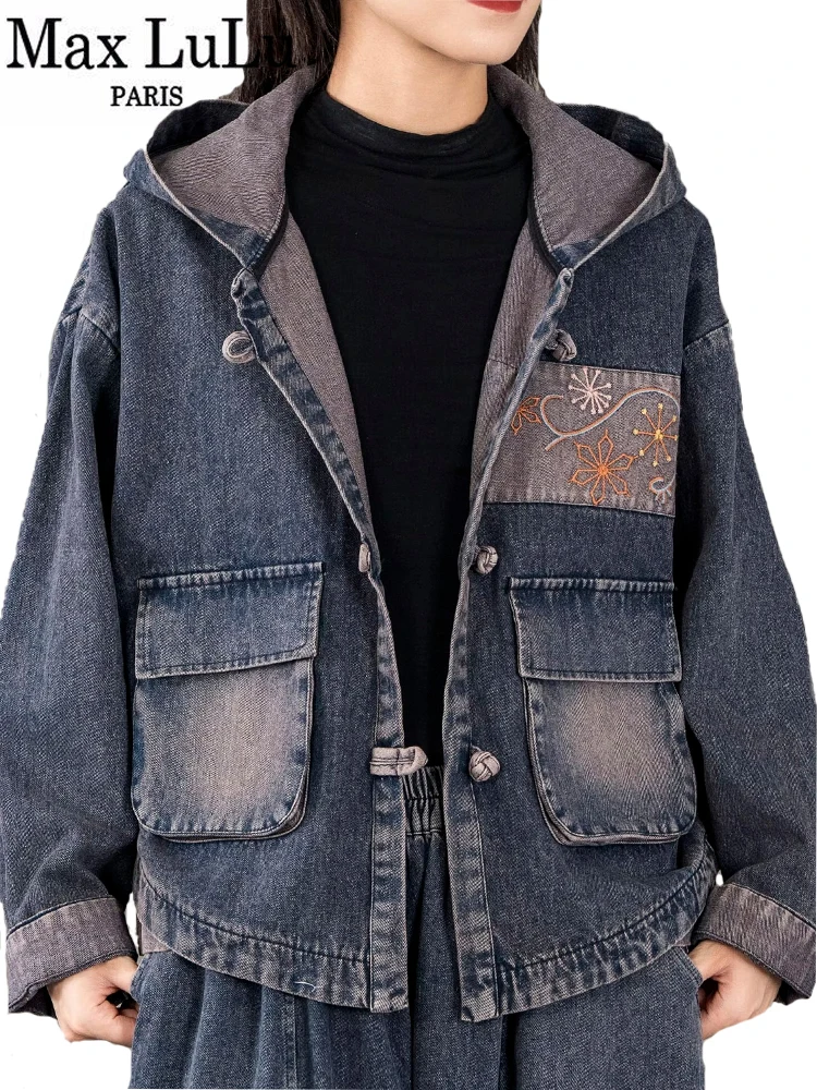 

Max LuLu 2024 Autumn Womens Fashion Oversized Vintage Denim Jackets Embroidery Classic Patchwork Coats Leisure Hooded Outerwear