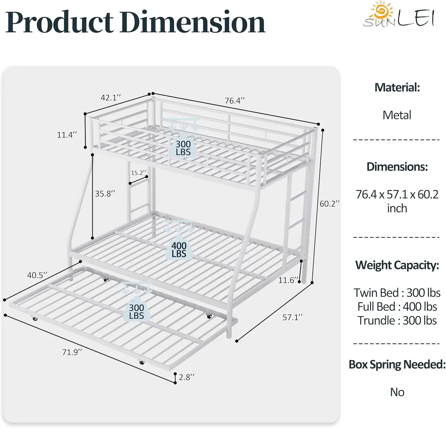 For Small Bedrooms, Metal White Bunk Bed with Double Secured Ladders, Surrounded Safety Guardrails, Trundle, Noise Free
