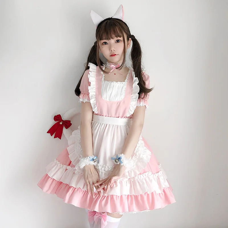 

Sakura Neko Maid Lolita Set Blush Pink Tiered Dress with Cat Ears Bows Kawaii Anime Cosplay Costume for Cafe Roleplay Halloween