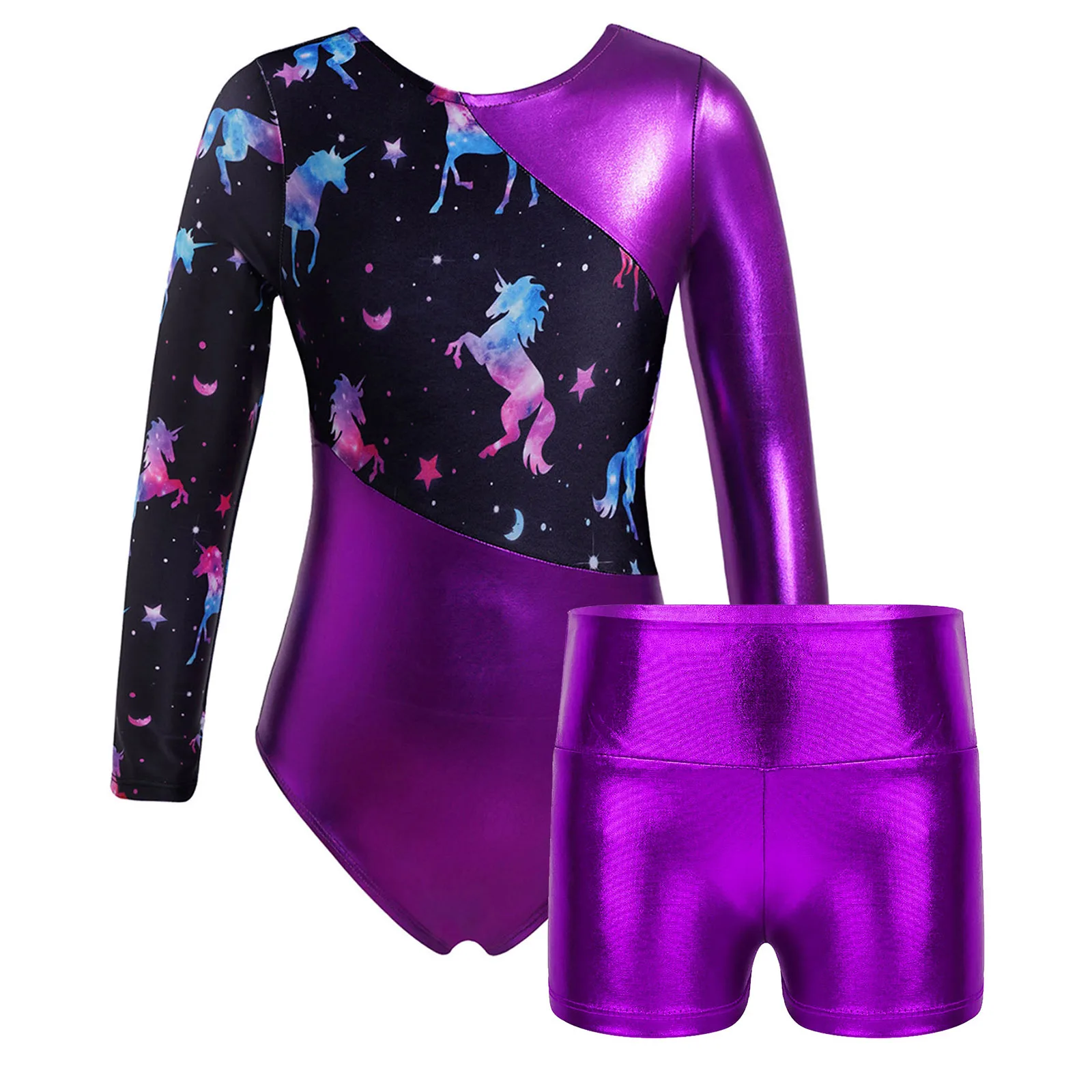 Kids Girls Printed Patchwork Ballet Gymnastics Leotard with Shorts Long Sleeve Gymnastic Bodysuit for Girls Athletic Jumpsuits