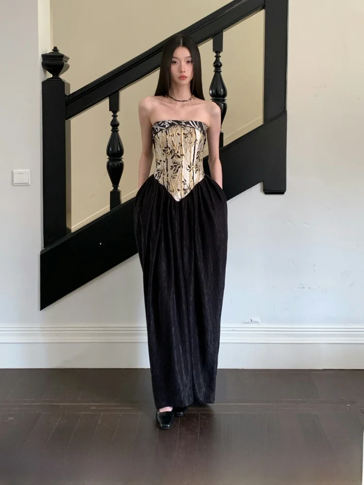 

MOXI китайский Sle бамбуковый узор с вышивкой на бретельках Dr женская лоскутная юбка длинное платье с высокой талией повседневная одежда