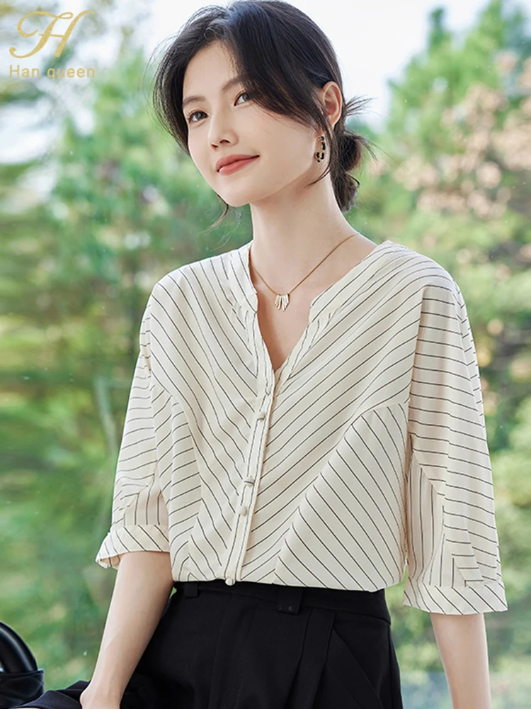 

H Han Queen Elegant Loose Striped V-neck Chiffon Simple Office Blouse Loose Top Short Sleeve Shirt Casual Blouses Woman Clothing