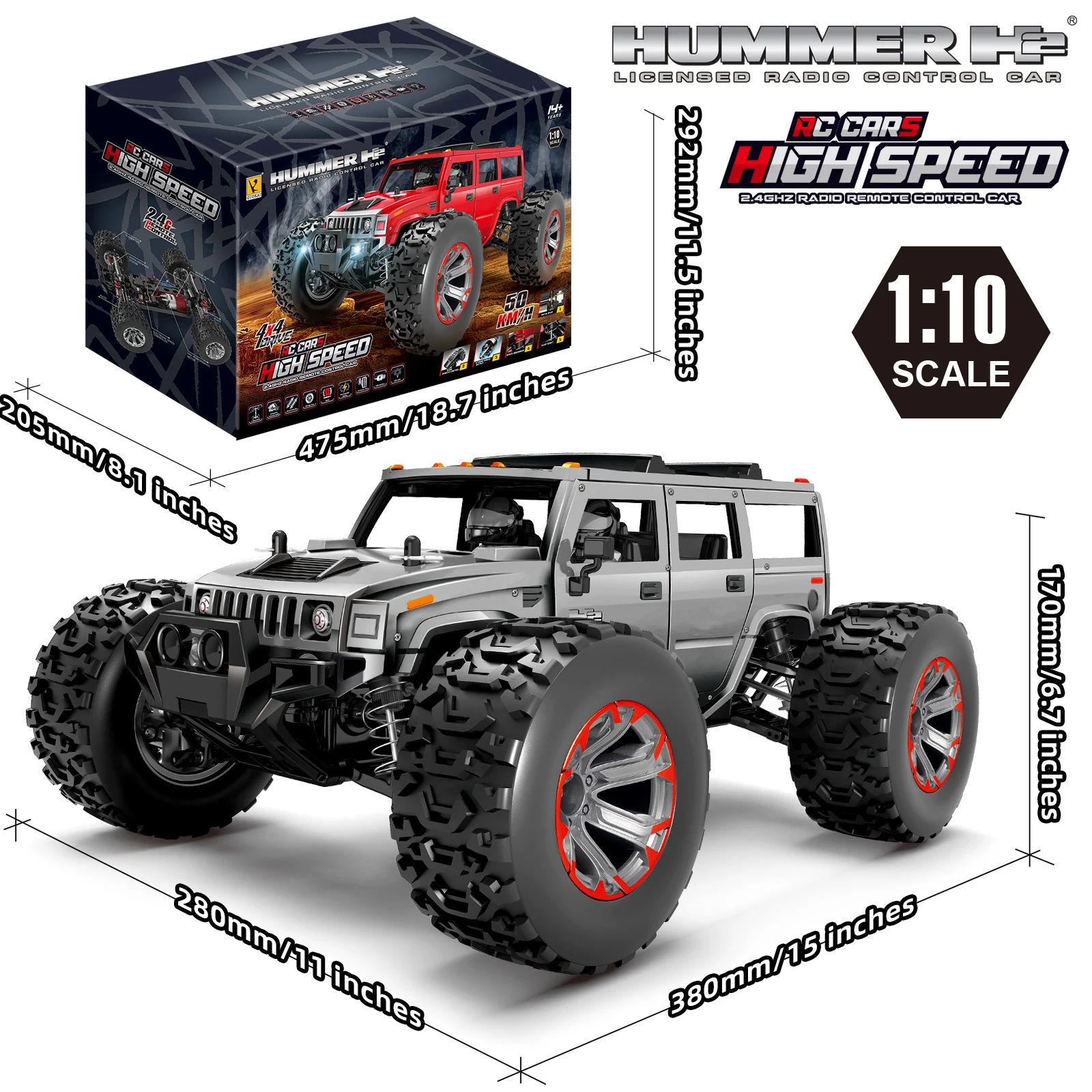 1/10 RC Car 4x4 Off Road Truck 50km/h High Speed 2.4G Wireless Radio Vehicle Brushed 4WD Racing Drift Car Toy for Children