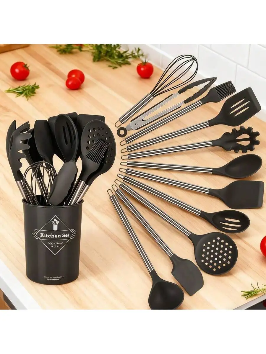 

12-Piece Silicone Kitchen Utensil Set With Stainless Steel Handles Heat Resistant For Non-Stick Cookware Black