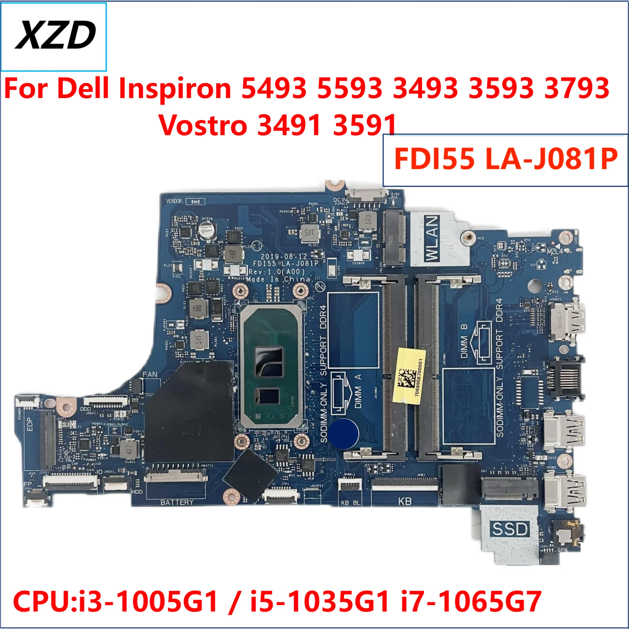 

LA-J081P Mainboard For Dell Inspiron 5493 5593 3493 3593 3793 Vostro 3491 3591 Laptop Motherboard with i3 i5 i7 CPU 100% TEST OK