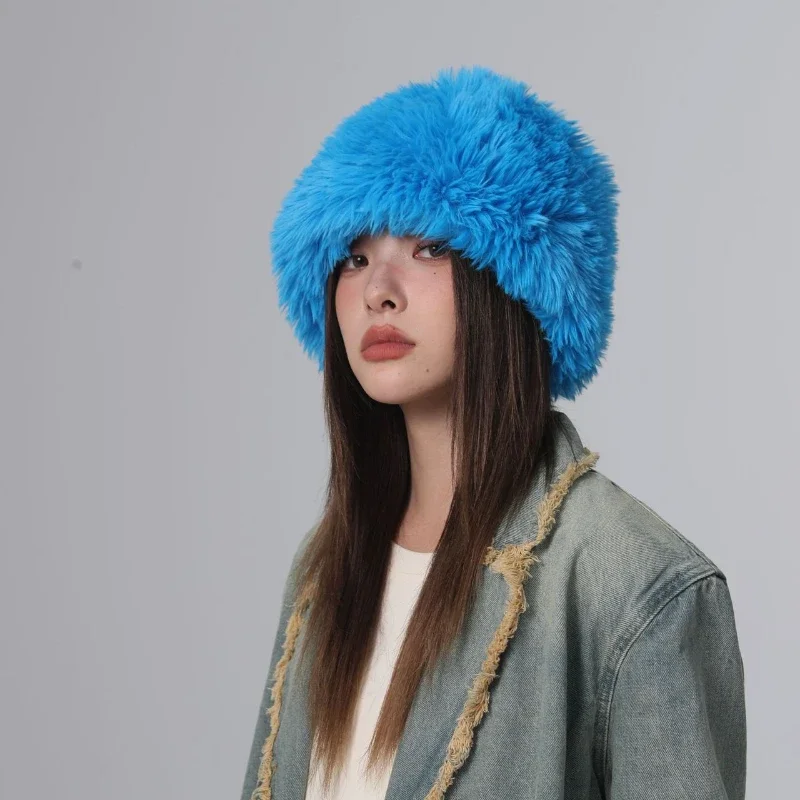 Ins New Blue Cute Plush Bucket Hats Men Autumn and Winter Big Head Korean Version Thickened Warm Fashion Ski Caps for Women