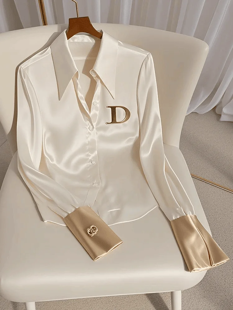 High Quality Fashion For Women White Satin Shirt Turn Down Collar Long Sleeve Blouses 2025 Spring New Casual Top Female Clothing