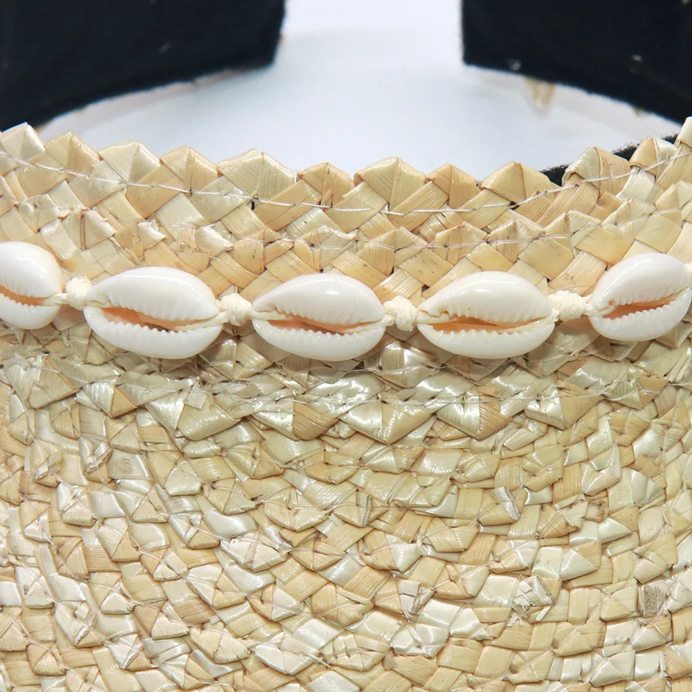 Handmade Wolf Tooth Grass Shell Visor Straw Hat, Elastic Headband Sun Cap for Women, Export view 3