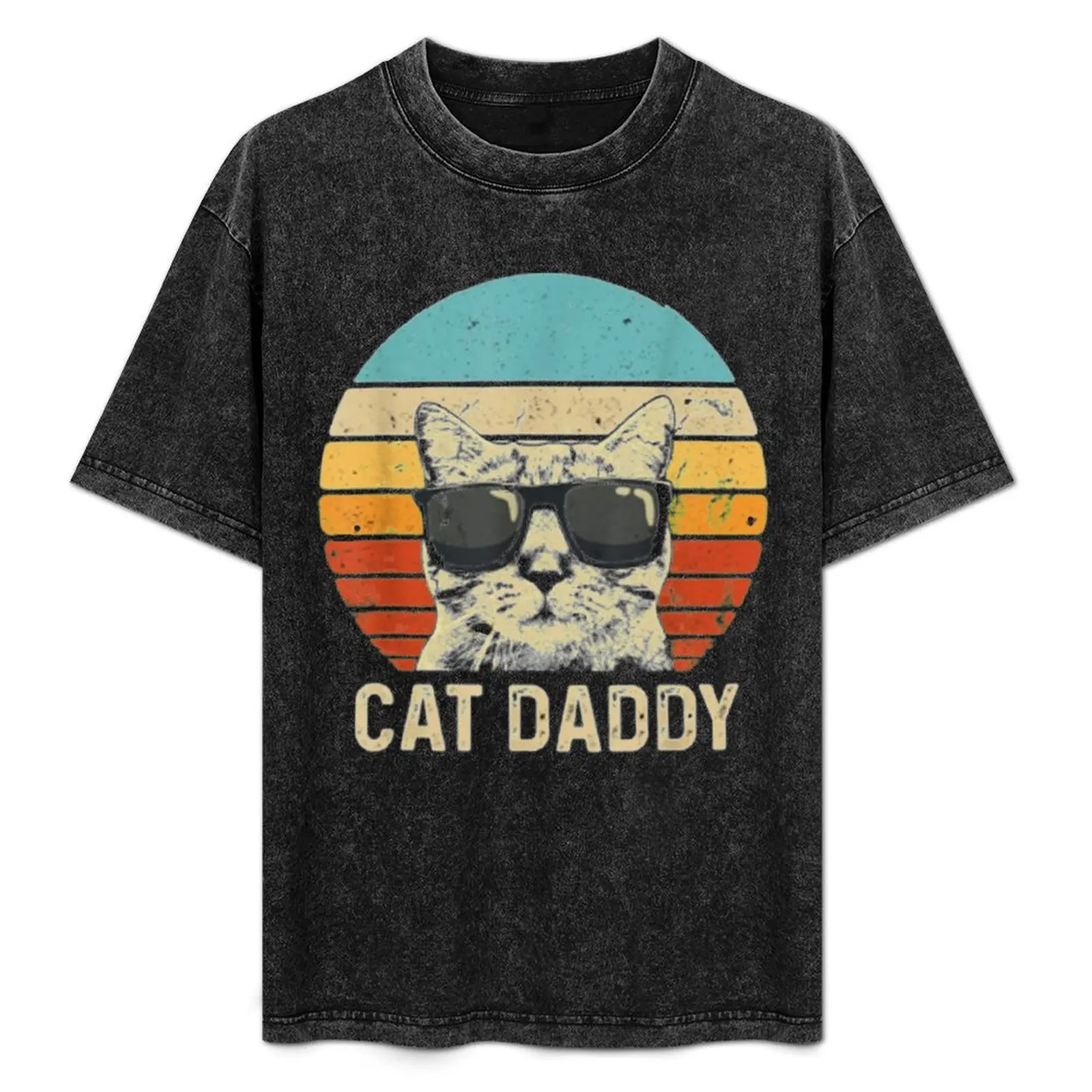 

Cat Daddy Vintage Eighties Style Cat Retro Distressed T-Shirt Basic Solid Color Short Sleeve Cotton Top