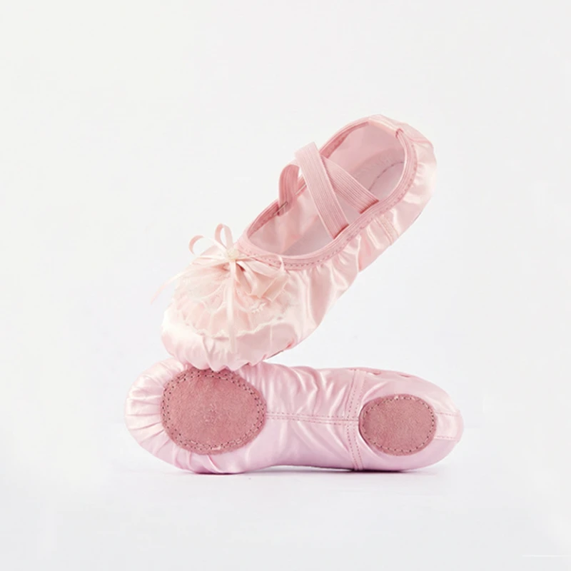 Girls Pink Satin Ballet Dance Shoes Bow Decor Split Sole Ballerina Slipper No-Tie Elastic Strap Kids Yoga Gym Soft Practice Shoe