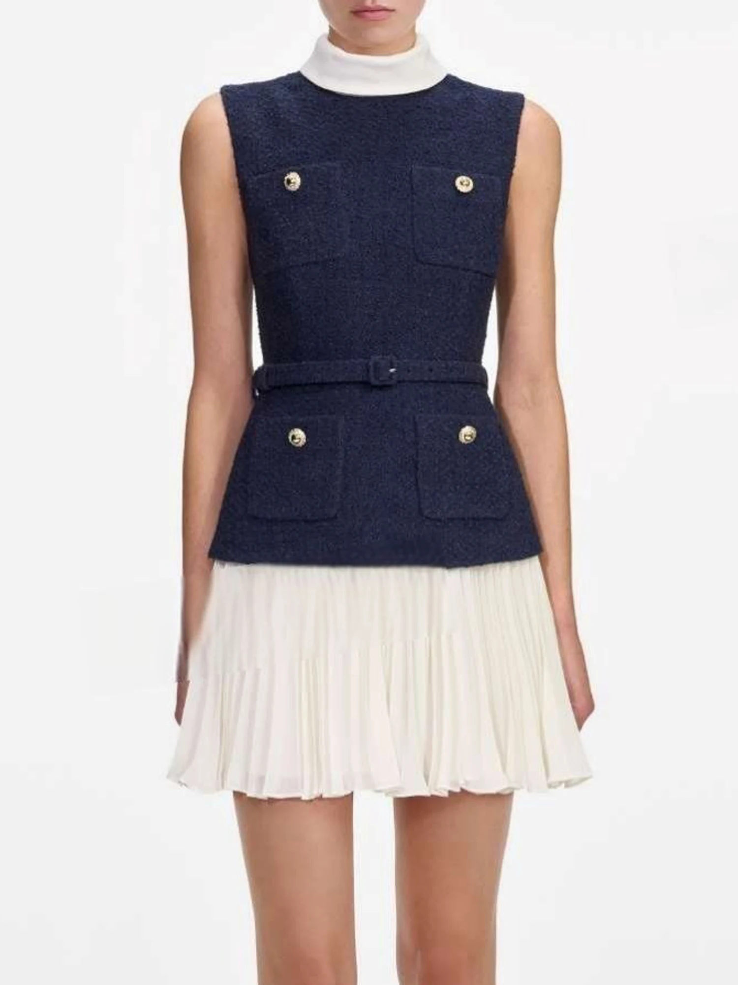 

High Waist A-Line Dr Vest Sle Hepburn Ele Coarse Tweed Waist Cinched Summer Women's Faion Dr