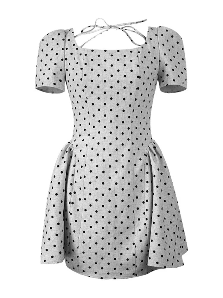 Mulheres roupas de rua retro dot print quadrado pescoço fino a linha mini vestido curto elegante senhora festa baile aniversário vestidos moda
