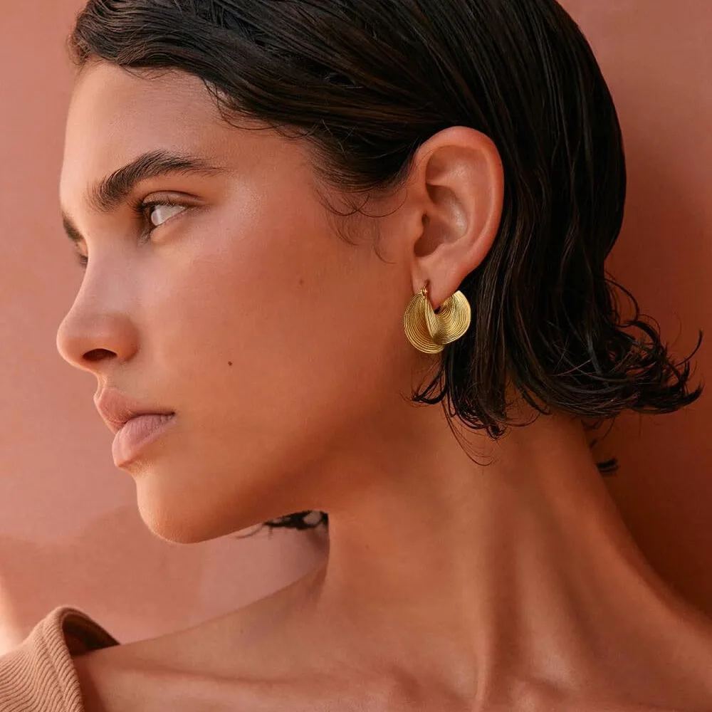 Fashion Gold Color Threaded Hoop Earrings for Women Creative Irregular Texture Metal Fan Earring Statement Jewelry Gift
