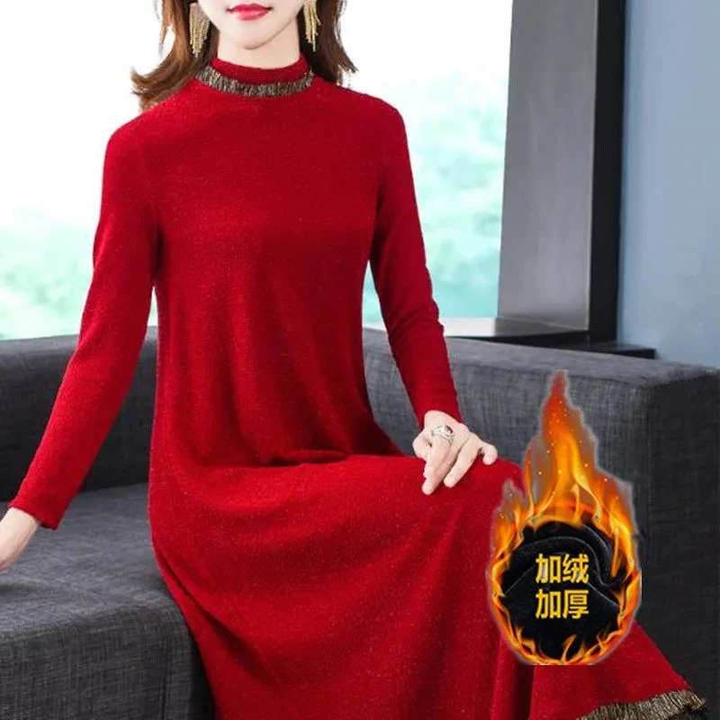 Women Black Red Dress New Autumn Winter Large Size Long Dresses Add Velvet Warm Female High End Dress Bright Silk Dress  M-6XL