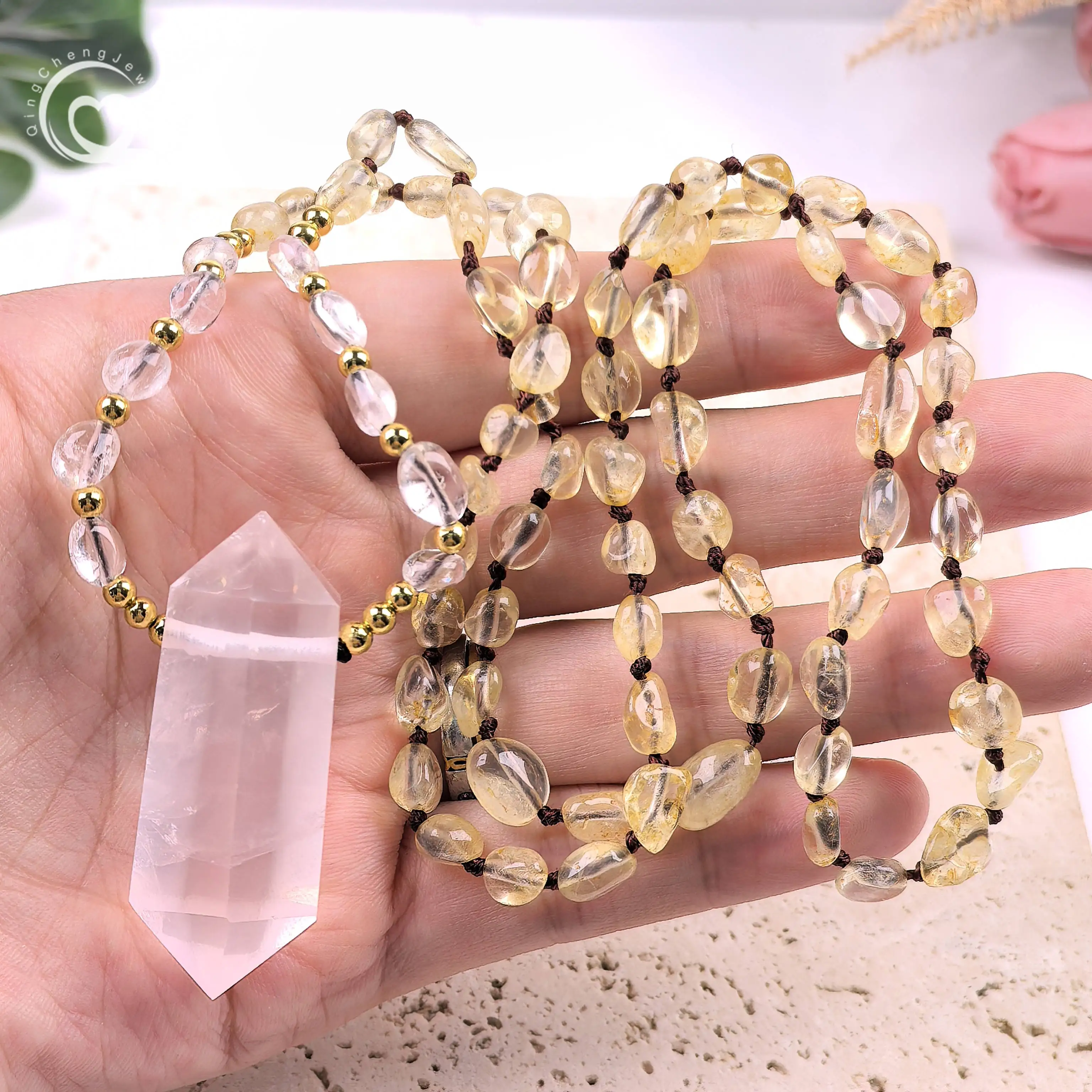 

Citrine Chip Beads Rose Quartz Double Point Pendant Healing Crystal Knotted Handmade Yoga Mala Prayer Necklaces Jewelry,QC0210