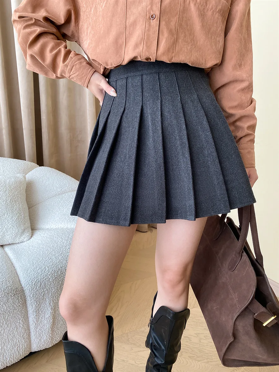 2024 New Women\'s Elegant A-Line Skirt Stretch High Waist Woolen Skirt Mini Vintage Pleated Skirt Femme Faldas Jupe Saia