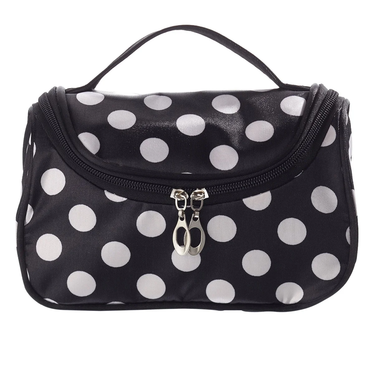 

Black White Dotted Makeup Bag 21*9.5*13Cm Polyester Travel Organizer Dual Zipper Brush Zipper Makeup Bag Storage