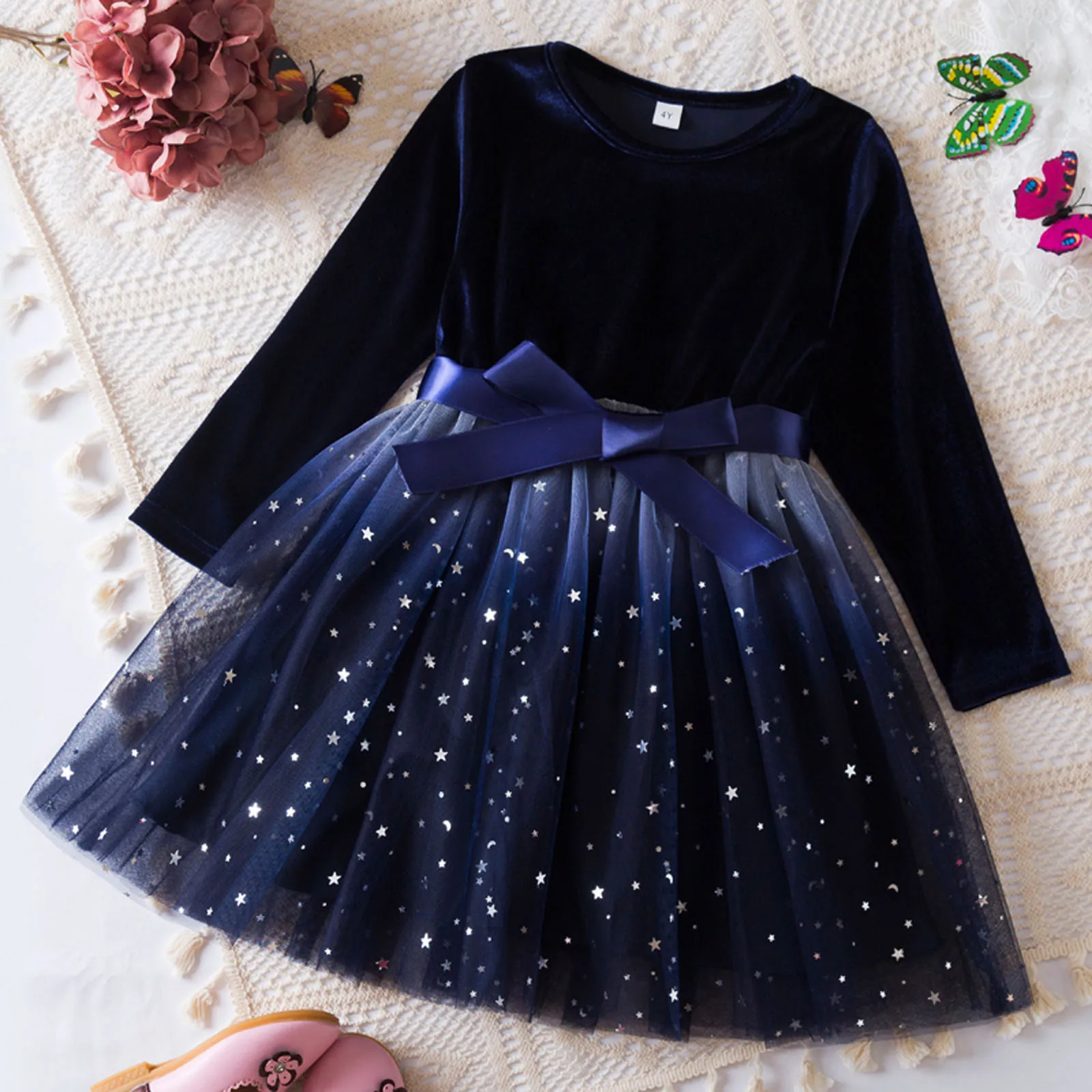 2024 New Girls Dress Autumn Winter Long Sleeve Bow Sequin Princess Dress 3-8 Yrs Kids Christmas Birthday Party Festival Costume