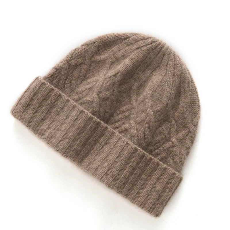 

100% Pure Cashmere Women‘s Winter Beanies Rhomb Pattern Warm Soft Luxury Cashmere Hip Hop Hat Ear Protect Street Skullies Cap