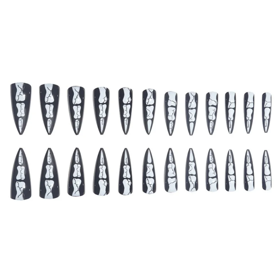 24Ps Skull Finger Dark Style False Nails Long Stiletto Halloween Fake Nail Tips Retro Grimace Claw Full Cover Press on Nails Art