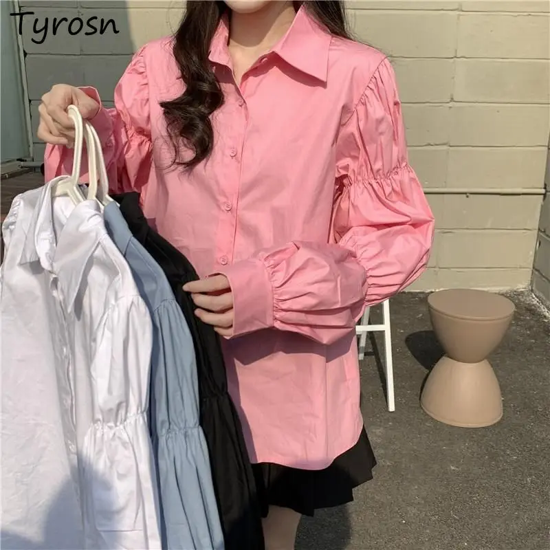 

Folds Puff Sleeve Shirts Women Sweet Solid Lotus-sleeve Chic Korean Style Teens Fashion All Match Tender High Street Spring New