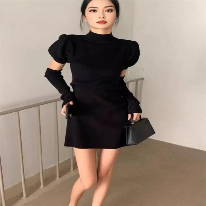 Kawaii Girl Fashion Tops Sexy Midi Skirt 2025 New French Knit Sweater Dress Women Autumn Winter Pure Desire Bodycon Short Skirt