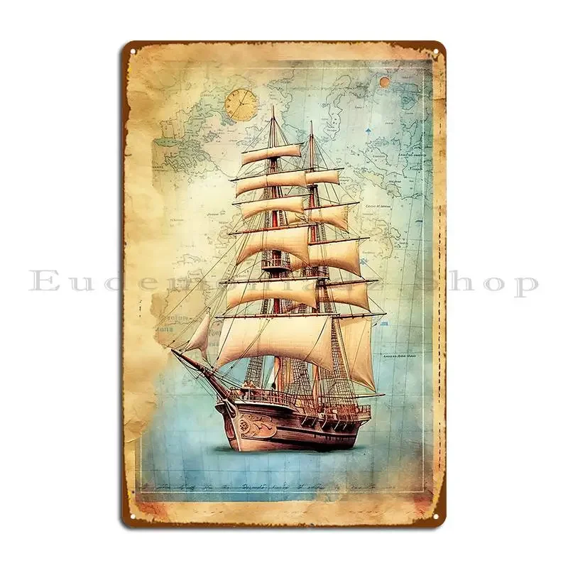Dive Into The Past Antique Yacht On A Retro Map Metal Sign Poster Party Party Mural Designer Wall Mural Tin Sign Poster