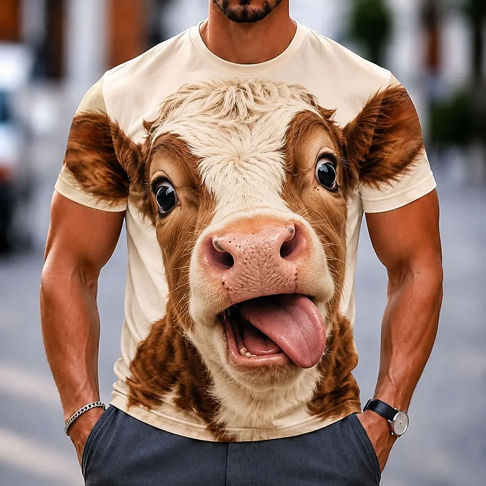 Men's Spring Summer 3D Printed Crew Neck Tee, Cream Base Tongue Out Brown White Cow Realistic Cute Animal Vacation Top
