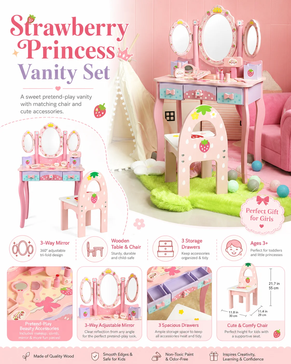 Kids Wooden Vanity Table Set with 3 Mirrors & Chair, Girls Pretend Play Dressing Table with Makeup Accessories