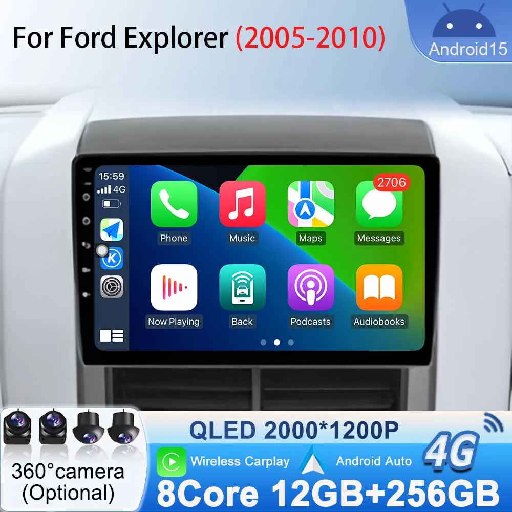 

WiFi 4G Car Radio Stereo for Ford Explorer 2005 - 2010 BT Multimedia Video Carplay Player Android Auto GPS Navigation Android 15