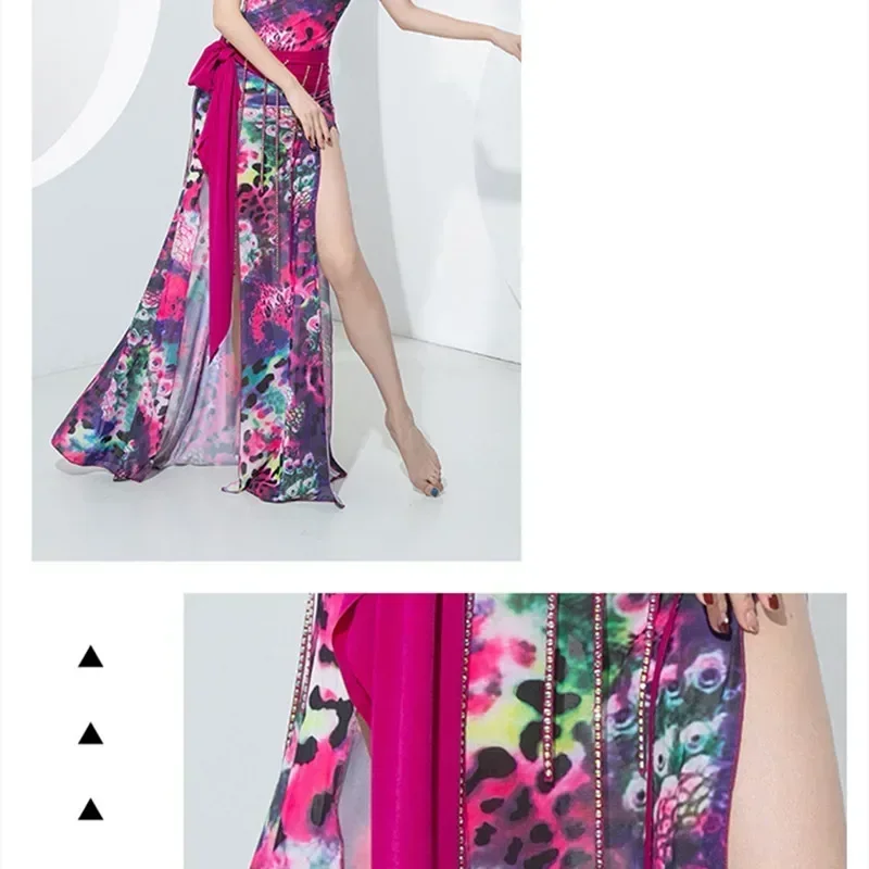 Shaabi Baladi Robe 4 pièces ensemble femmes Costume de danse du ventre manches courtes à volants Robe imprimée Sexy fente latérale danseur Performance nouveau
