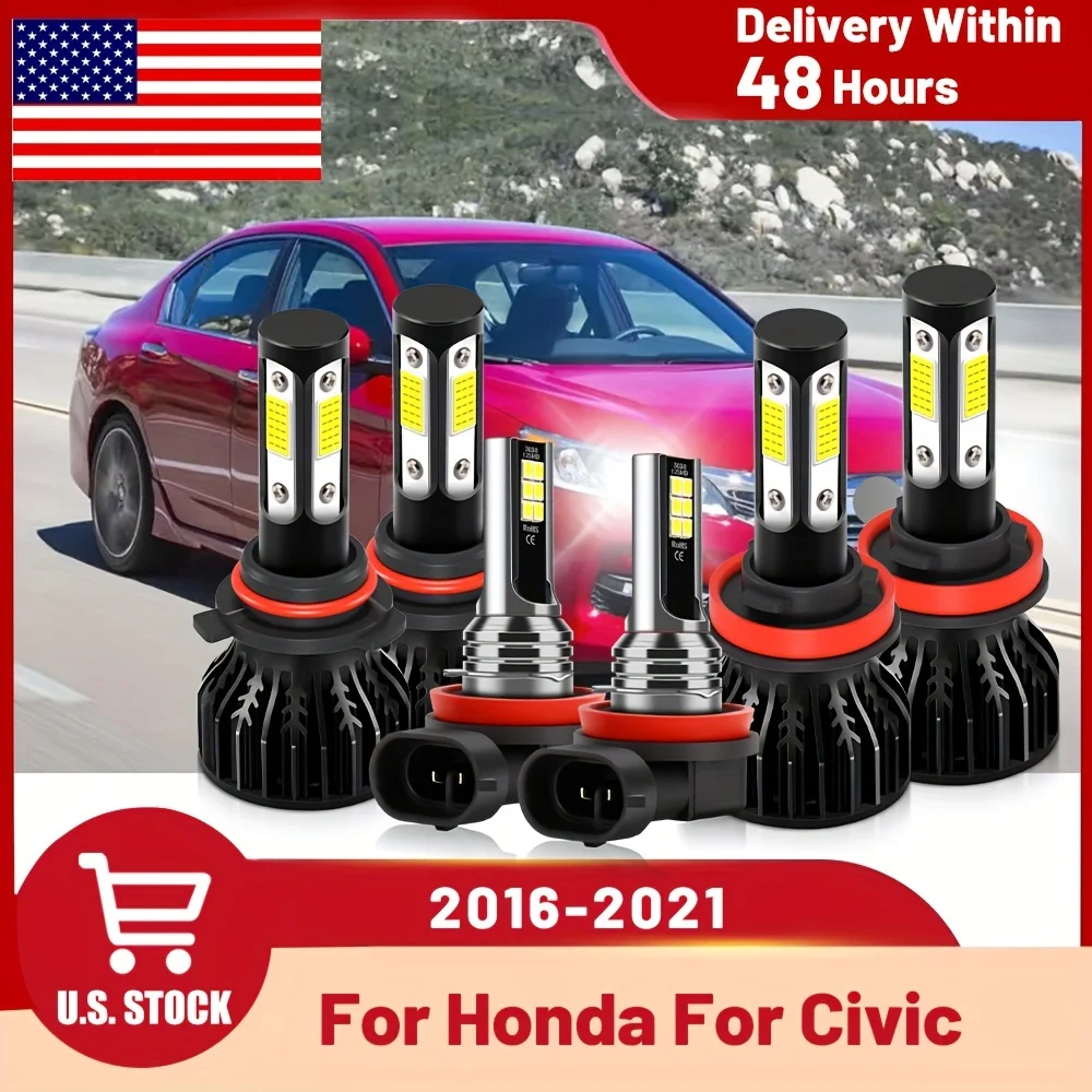 For Honda For Civic (2016-2021) LED Headlight Bulbs High/Low+Fog Light Combo Super Bright Four-side Chip 500% Brightness