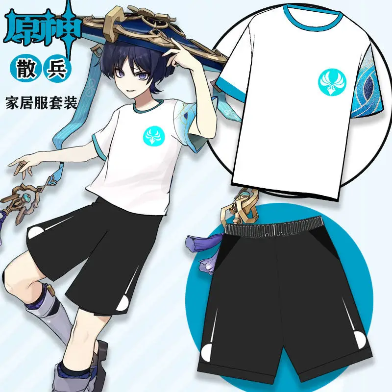 تي شيرت Genshin بأكمام قصيرة وشورت للشاطئ مع طباعة تأثير ثلاثية الأبعاد، طقم مكون من قطعتين، بدلة تنكرية من Anime Xiao Kaedehara Kazuha
