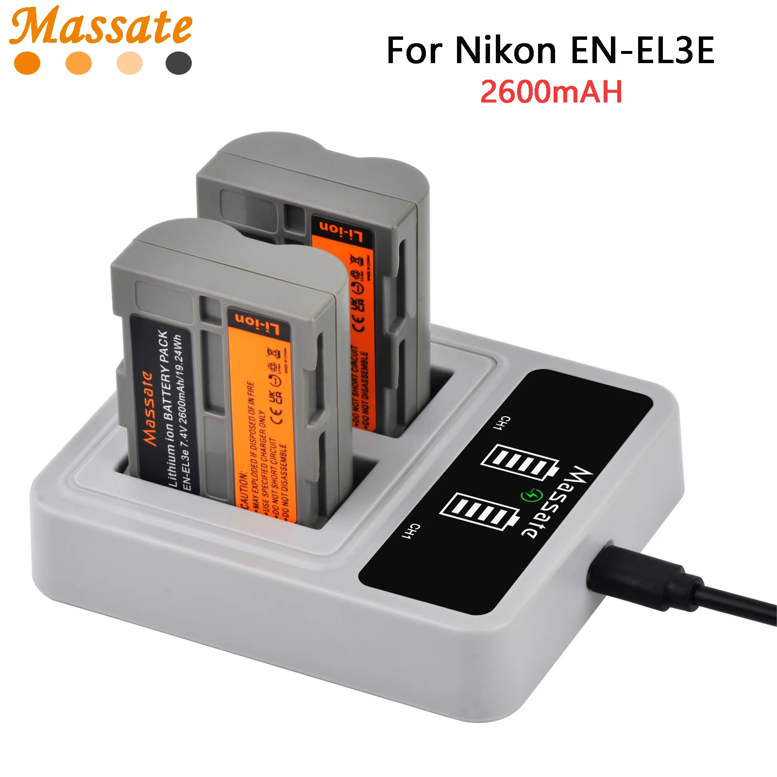 Massate EN-EL3E EN EL3E ENEL3E 2600mAh Battery +Fast USB Charger for Nikon D300S D300 D100 D200 D700 D70S D80 D90 D50 L50 Camera