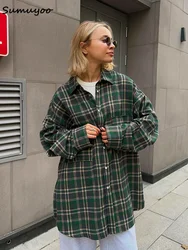 Sumuyoo 2024 Vintage Loose Plaid Women'S Shirt Fashion Lapel Long Sleeve Office Lady Shirts And Blouses Tops Female Clothing