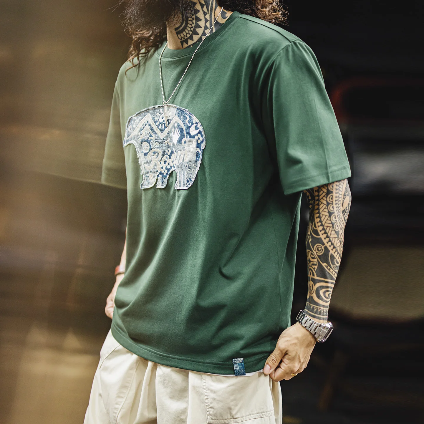 MADEN American Vintage Men's Short Sleeve T-Shirt Green Heritage Patchwork Applique Ethnic Knitted Loose Casual Mens Tee Summer