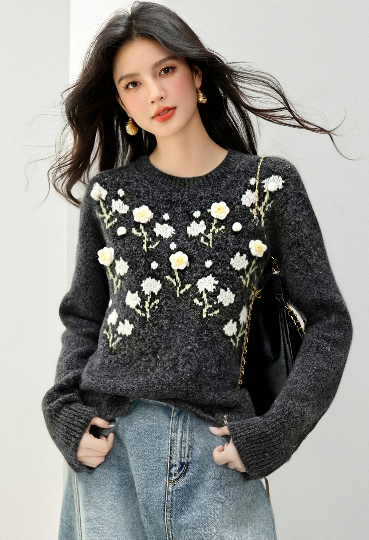 

Пуловер с цветочным принтом, женский топ, корейская версия, осенне-зимний новый товар, универсальный вязаный свитер с длинными рукавами и круглым вырезом
