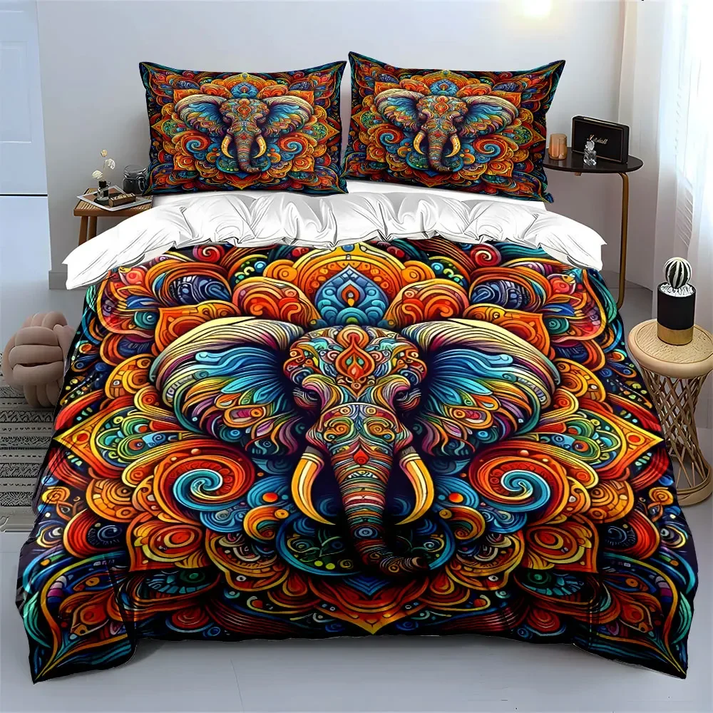 Colorful Elephant Art Set Decoration Bedding Set with 1 Duvet Cover 2 Pillowcases Single Double King Queen, Gift