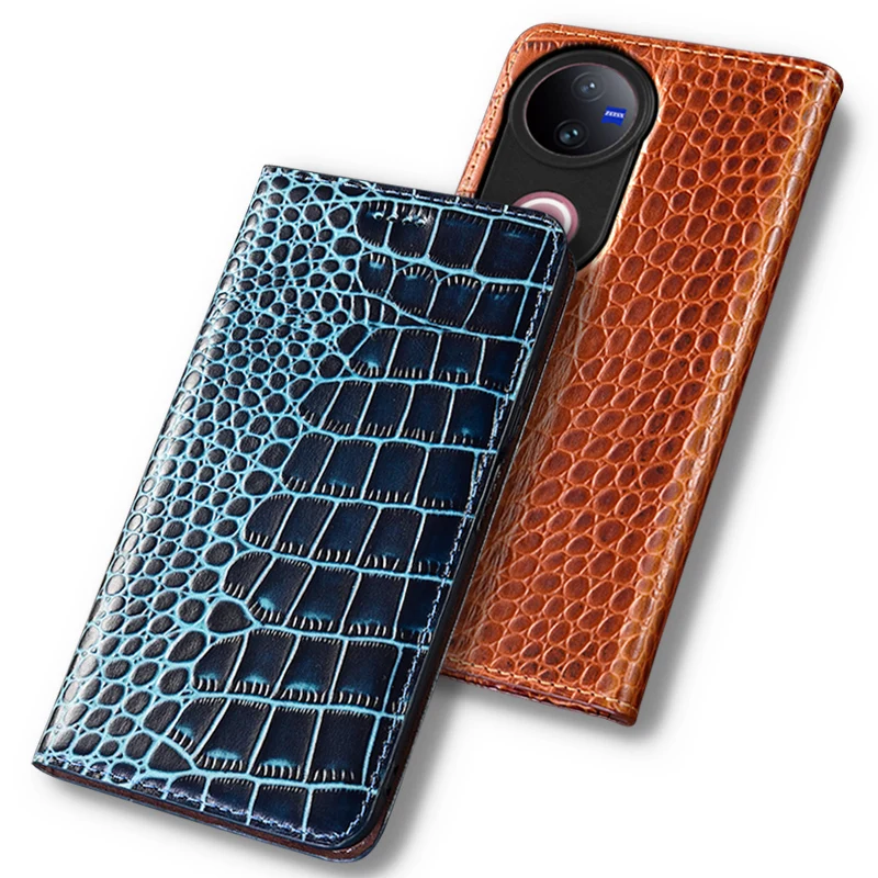 

Flip Case For VIVO V50 5G Crocodile Pattern Magnetic Cover Luxury Cowhide Genuine Leather Card Pocket Wallet Covers