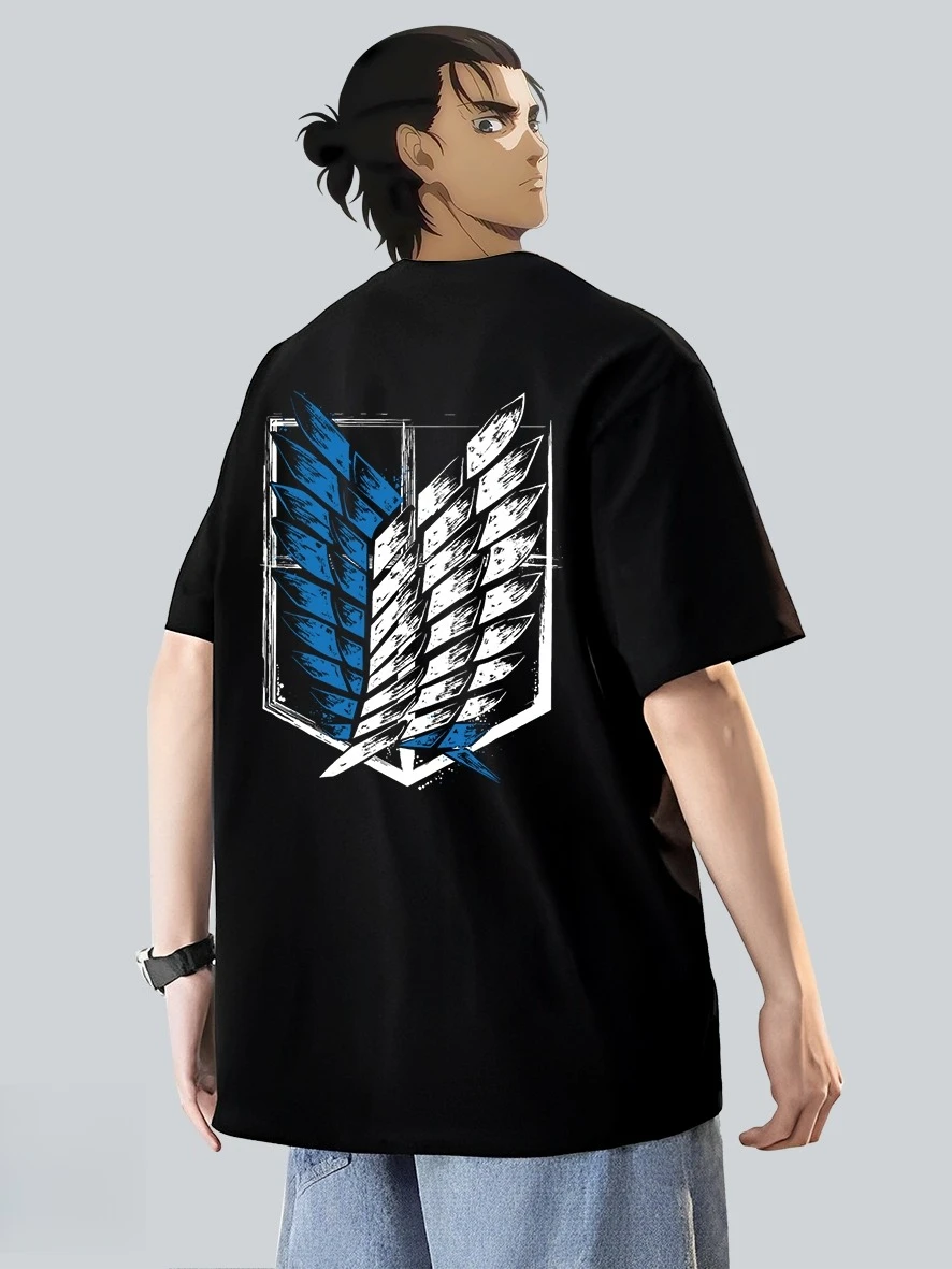 

Heavy Cotton Short-sleeved Attack Giant Pattern Wings of Freedom Printed T-shirt Guard Men and Women Loose Casual Versatile