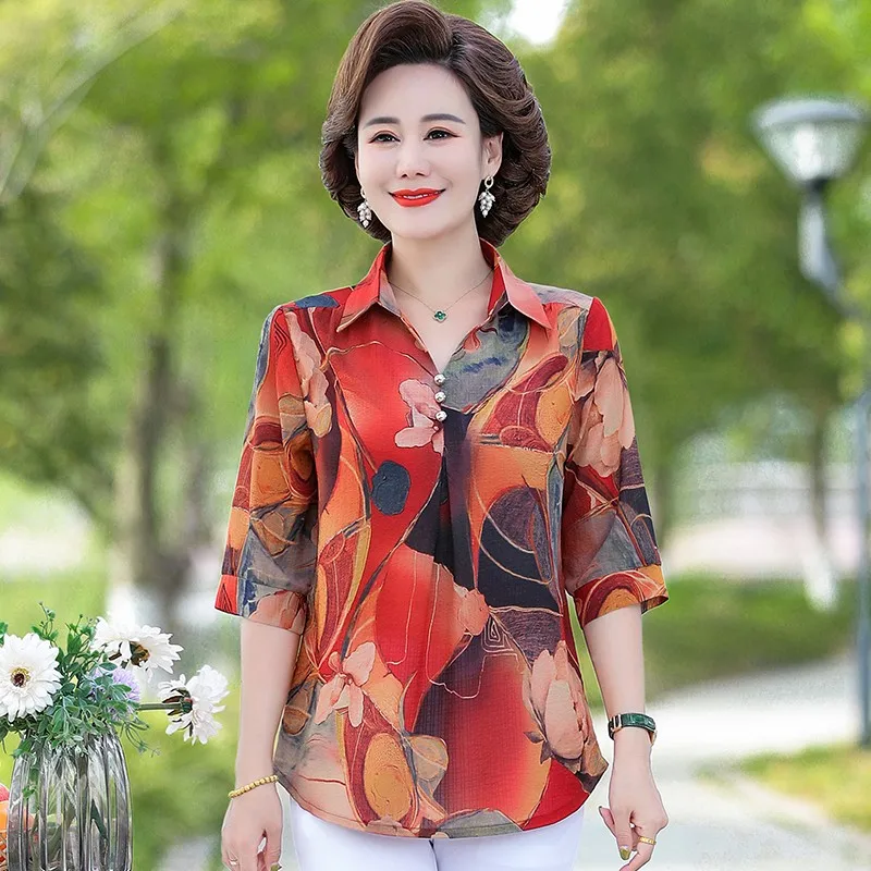 printed chiffon V-neck half sleeve shirt woman Fashion elegant loose blouse ladies 2022 new Mom casual spring summer tops