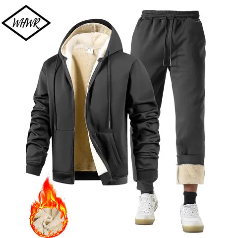 Traje de dos piezas para hombre, chándal de felpa, chaqueta deportiva gruesa y cálida + Pantalones, traje deportivo, Sudadera con capucha informal para invierno y exteriores, ropa deportiva