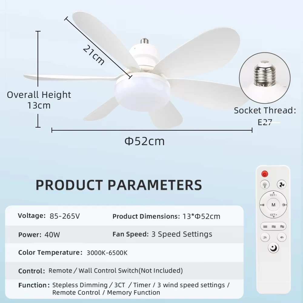 2026 Neue E27 Deckenventilator-Lampe Fernbedienung 110V 220V 3 Farben Einstellbar Modern für Zuhause Schlafzimmer Wohnzimmer