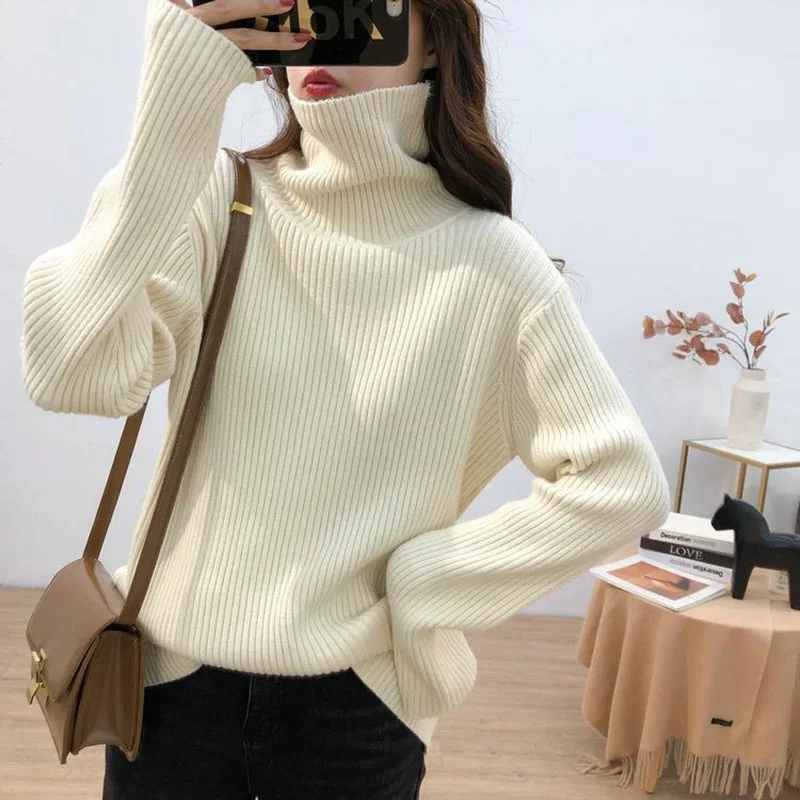 Frauen Einfarbig High Neck Pullover Herbst Winter Mode Einfache Gestrickte Top Koreanische Beiläufige Lose Grundlegende Pullover Tops