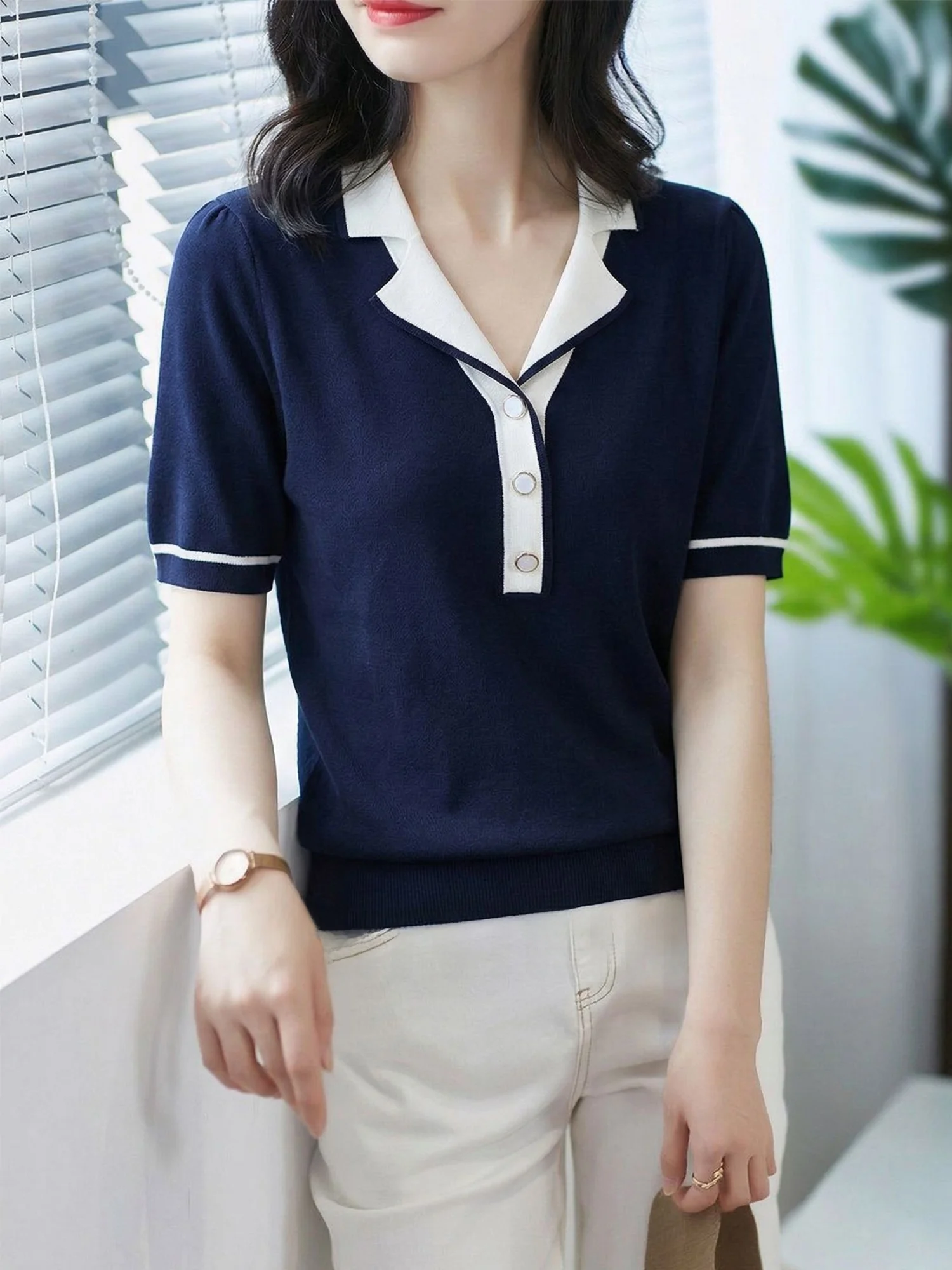 

Chivirin Casual Knitted Short Sleeve T-Shirt Women's Fashion Slim Fit College Style Loose Versatile Top Summer Trendy